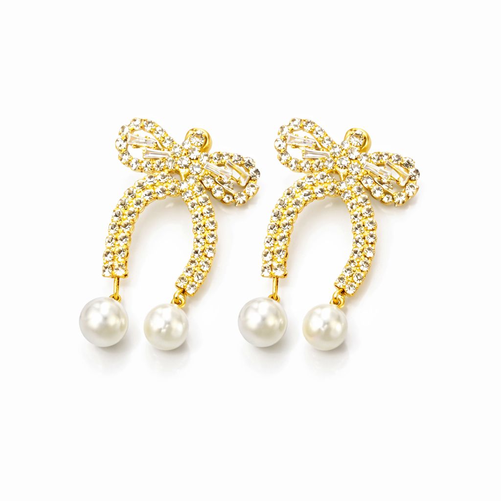 Crystal Bow Drop Earrings with Pearl – Gold-Tone