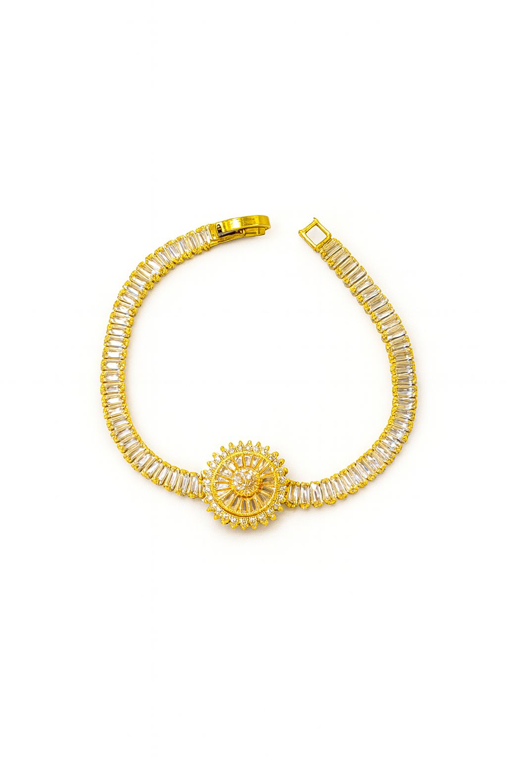 Luxury Gold Crystal Bracelet with Circular Centrepiece – Stainless Steel Jewellery