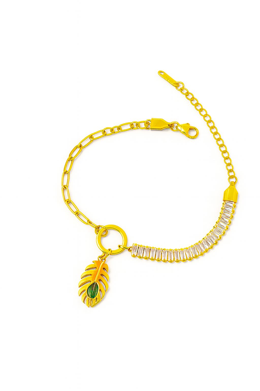Gold Leaf Charm Bracelet with Crystals - Luxury Jewellery
