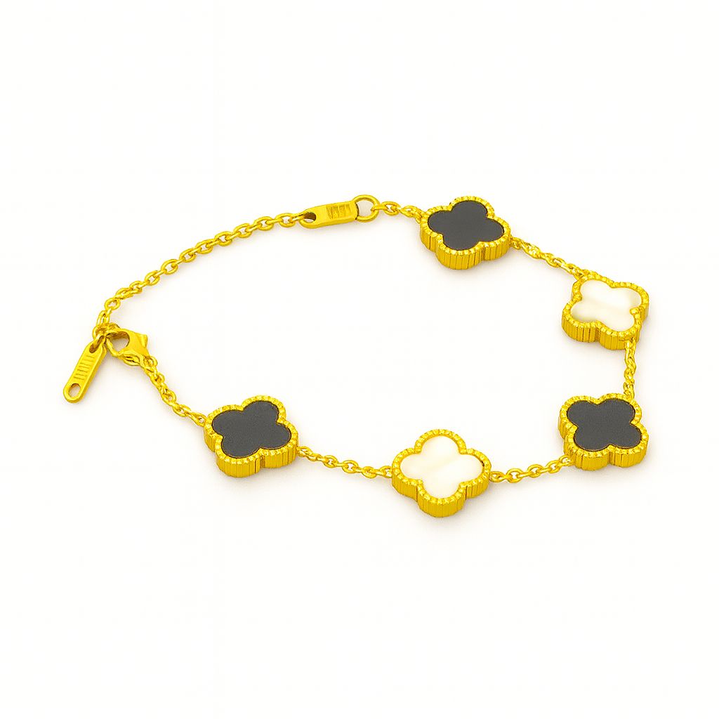 Gold Clover Charm Bracelet – Black & White Enamel Luxury