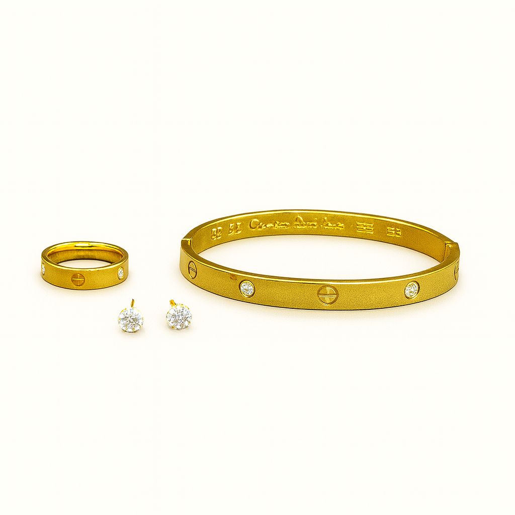Elegant Gold Crystal Bangle, Ring & Stud Earrings Set |