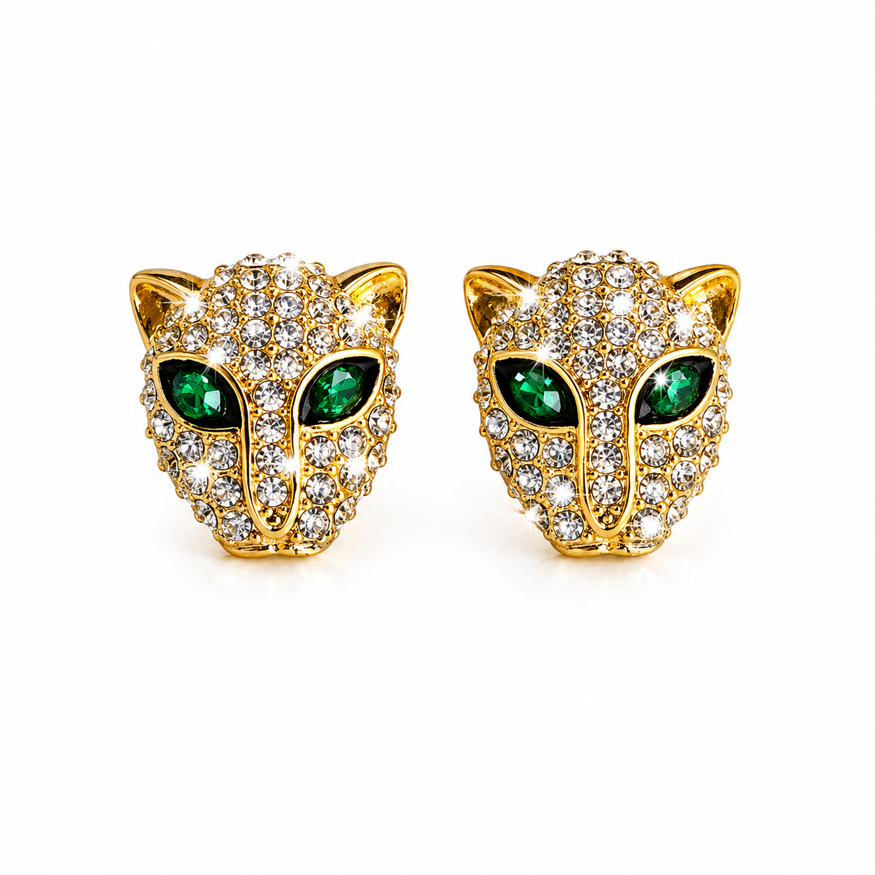 Golden Panther Crystal Stud Earrings – Emerald Eye Statement Jewelry