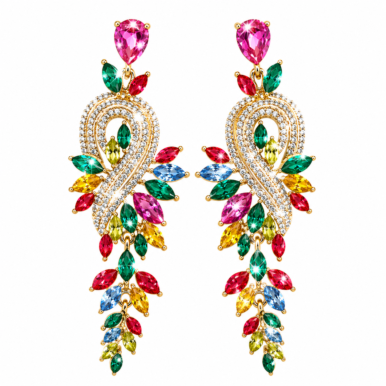 Multicolor Crystal Waterfall Drop Earrings – Luxury Statement Party Jewelry